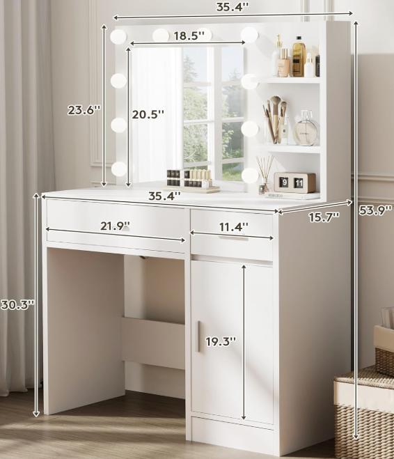 WeCharmer Vanity Desk Set with Square Mirror, 23.62''D x 15.74''W x 53.93''H, Includes 2 Drawers, 3 Storage Shelves & 2 Closed Storage Dividers Furniture Bedroom Modern Table White Organization Aesthetic Design Minimal