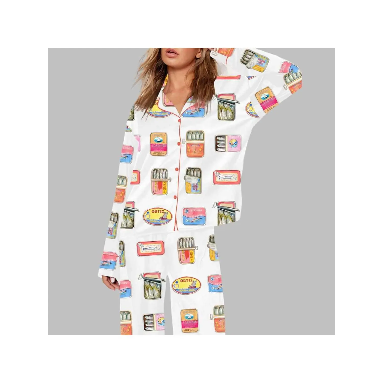 Vintage Sardine Label Print 2-Piece Pajama Set – Long Sleeve Button-Up Shirt & Wide Leg Pants – Cozy Loungewear for Food Lovers