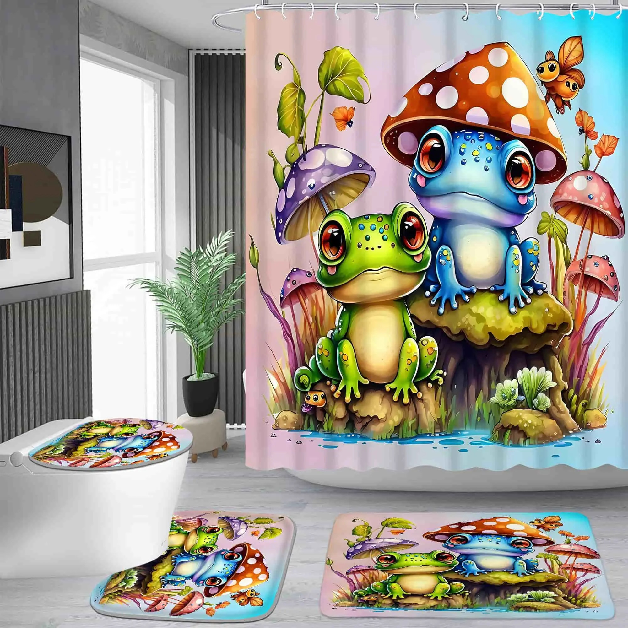 Cartoon frog mushroom pattern shower curtain set, waterproof shower curtain with 12 hooks, non-slip bathroom carpet, toilet U-shaped cushion, toilet seat cover cushion, bathroom shower curtain set, perfect moving gift.