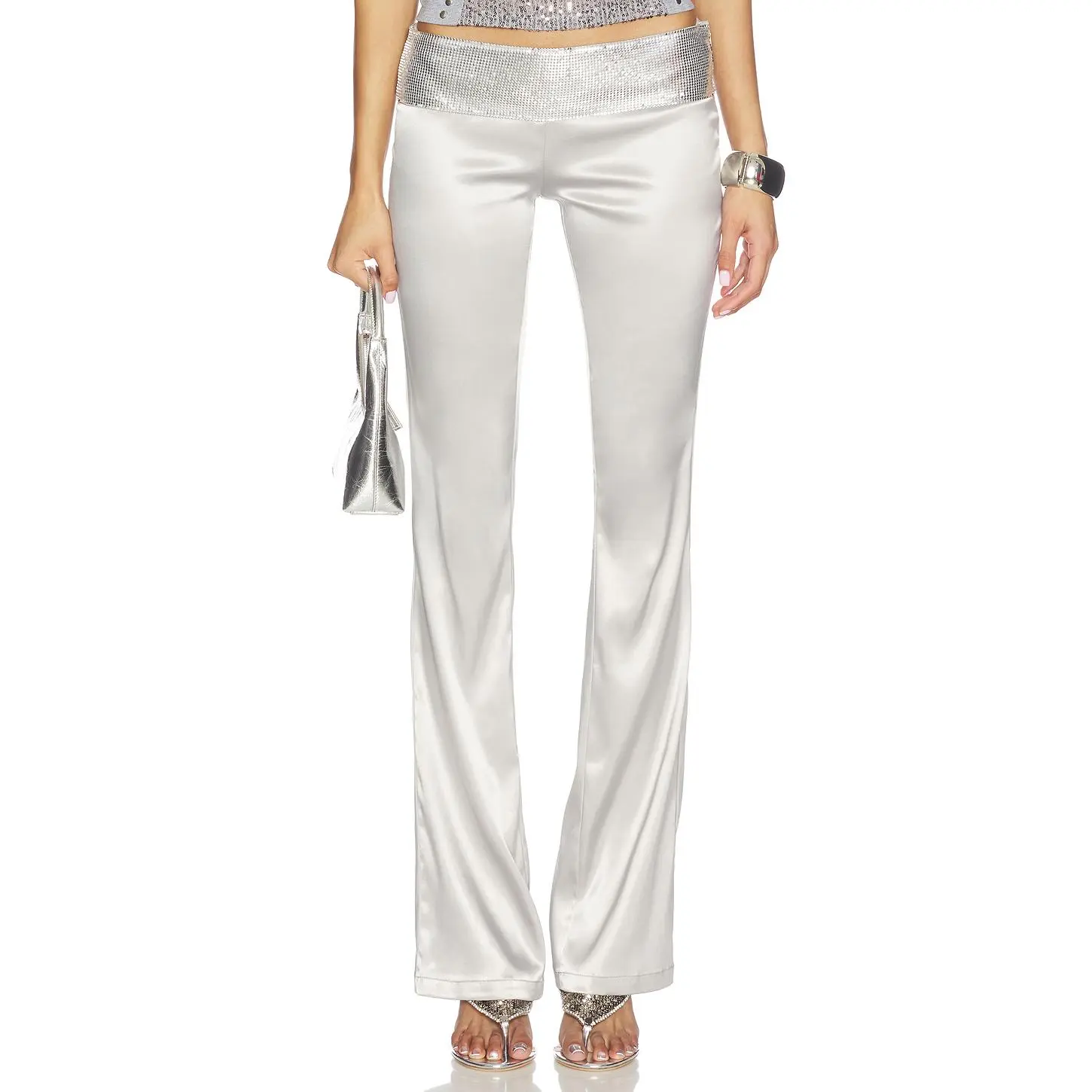 Jaded London Satin Low Rise Chainmail Trouser in Silver