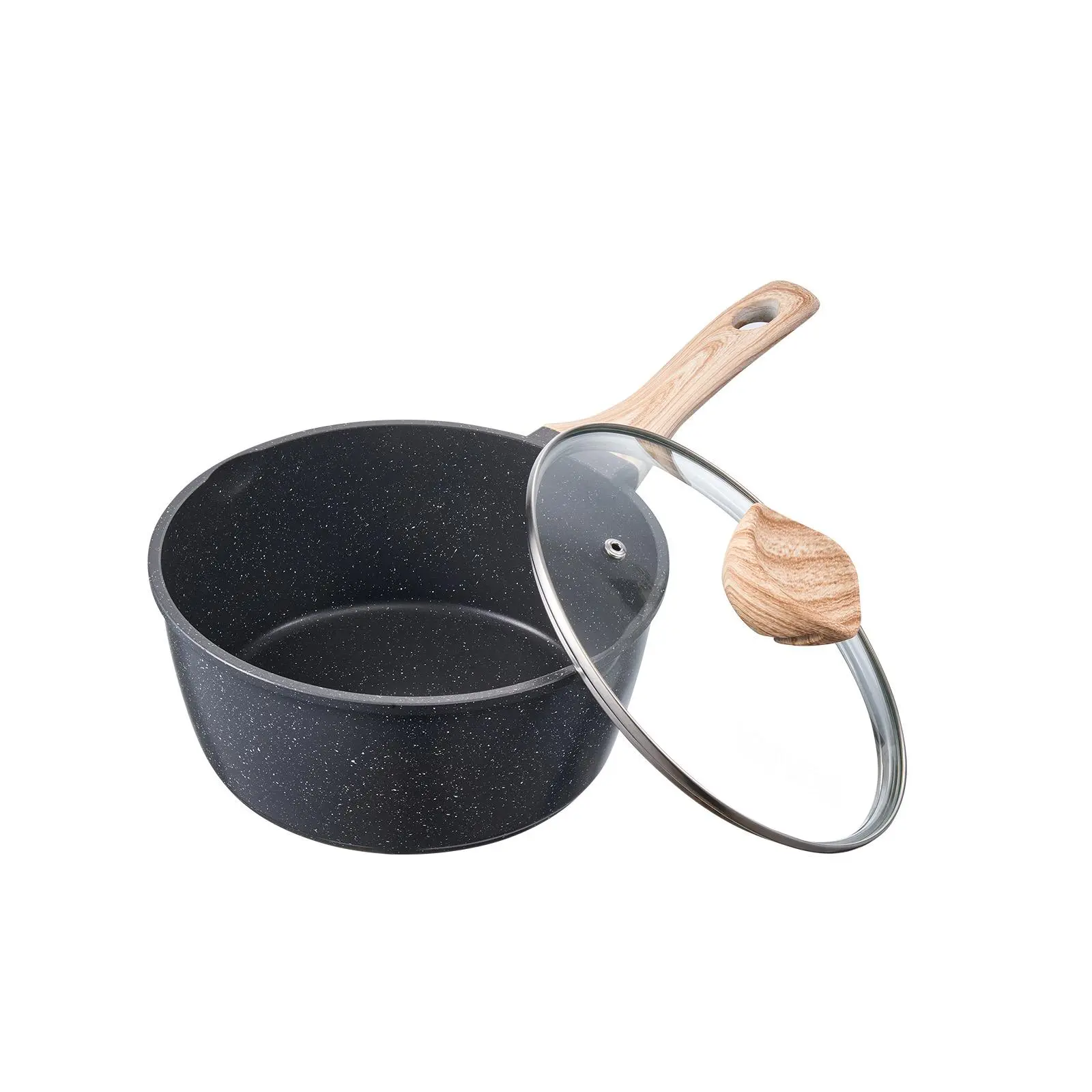 【Summerfinds】VEVOR 2.5 QT Speckled Aluminium Nonstick Saucepan with Tempered Glass Lid & Detachable Handle, Induction Compatible, for 1-Pot Meals, Cooking Made Easy for Home Kitchen Cooks, Black Small Multipurpose Kitchen Pot, One Pot Meals