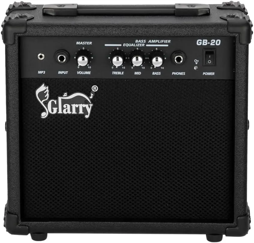 GLARRY Electric Bass Combo Amp, Portable Amp with Headphone MP3 Input, 20W Practice Bass Guitar Amplifier Speaker Accessories with Bass, Volume, Treble, and Middle Controls, Watts, Noise