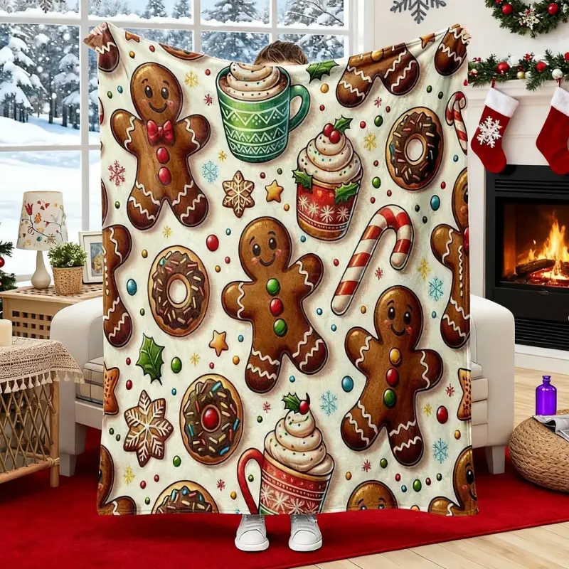 Gingerbread Christmas Cozy Fuzzy Plush Throw Blanket - Festive Christmas Cookies & Hot Cocoa Design, Non-Shedding Flannel, Multi-Size (40x50/50x60/60x80 in), Ideal Gift for Adults, Indoor/Outdoor Sofa Use