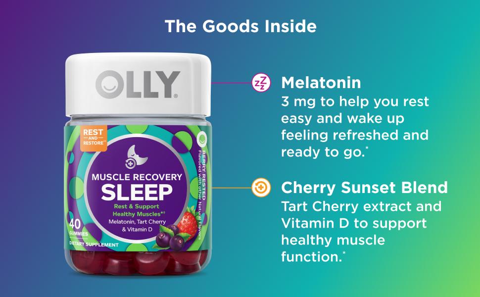 OLLY Muscle Recovery Sleep Gummies, Sleep and Sore Muscle Support, 3mg Melatonin, Tart Cherry, Vitamin D, Berry Flavor - 40 Count