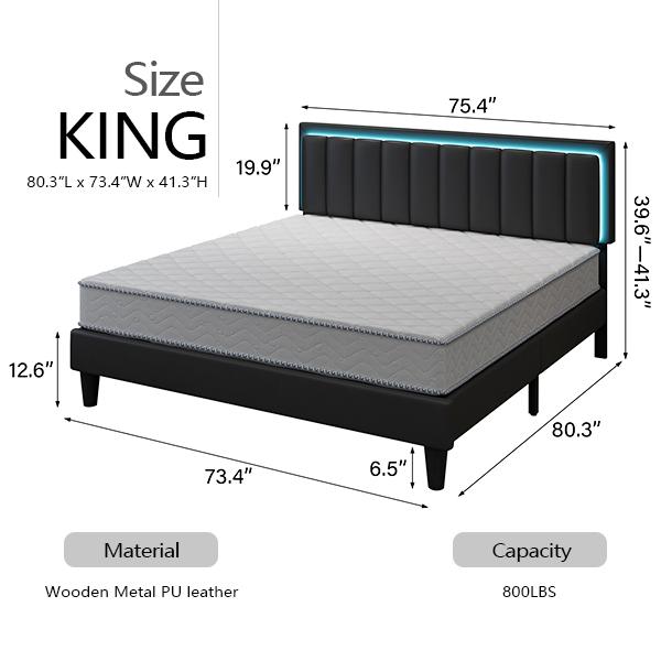 HOMBCK Led Bed Frame, No Mattress, Soft Modern Bed Frame with Luxury Leather Headboard, APP Adiust the Light, No Box Spring Needed