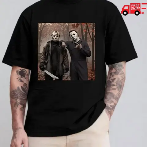 [100% Cotton] Graphic Printed T-Shirt Gift For Everyone Shirt, Friday The 13Th, Jason And Michael Shirt, Horror Characters Friend, 90S Halloween Movie Shirt Designs T-Shirt For Men And Women