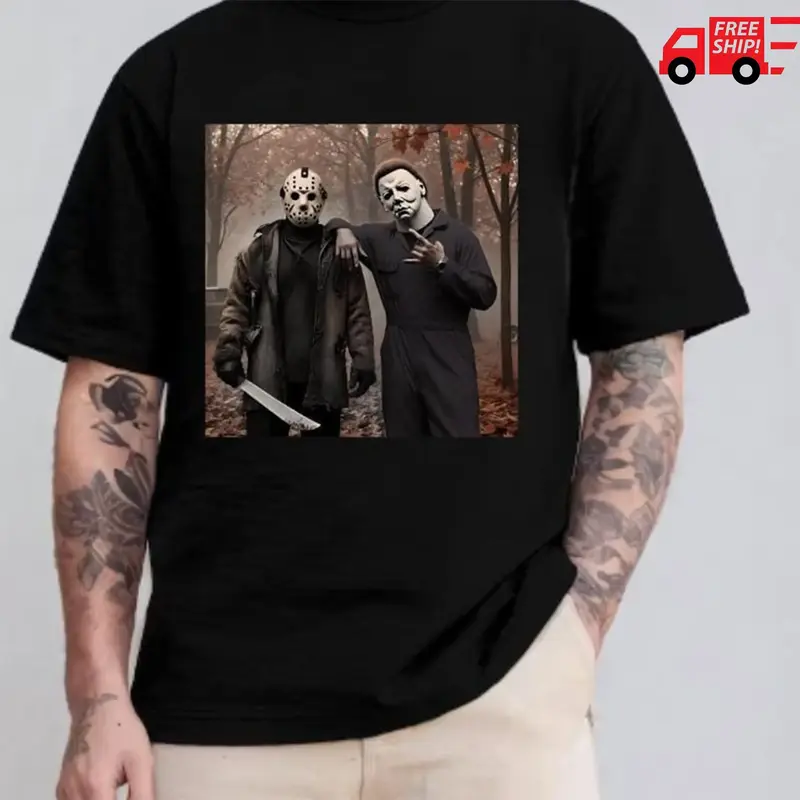 [100% Cotton] Graphic Printed T-Shirt Gift For Everyone Shirt, Friday The 13Th, Jason And Michael Shirt, Horror Characters Friend, 90S Halloween Movie Shirt Designs T-Shirt For Men And Women