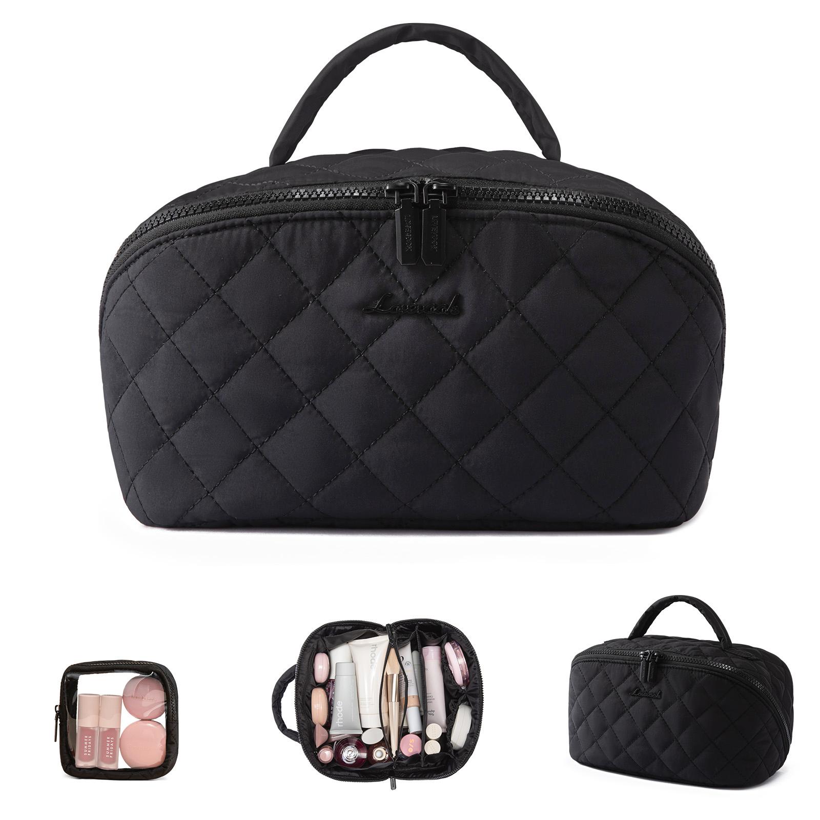 LOVEVOOK Travel Makeup Bag for Women,180° Lay-Flat Puffer Quilted Cosmetic Organizer,Portable Waterproof Toiletry Bag for Woman,Slanted Opening Make Up Bag for Everyday Use,TikTokShopStockUp
