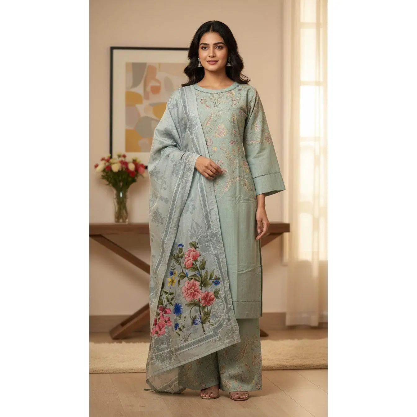 Khaddar Embroidered Light Blue Suit