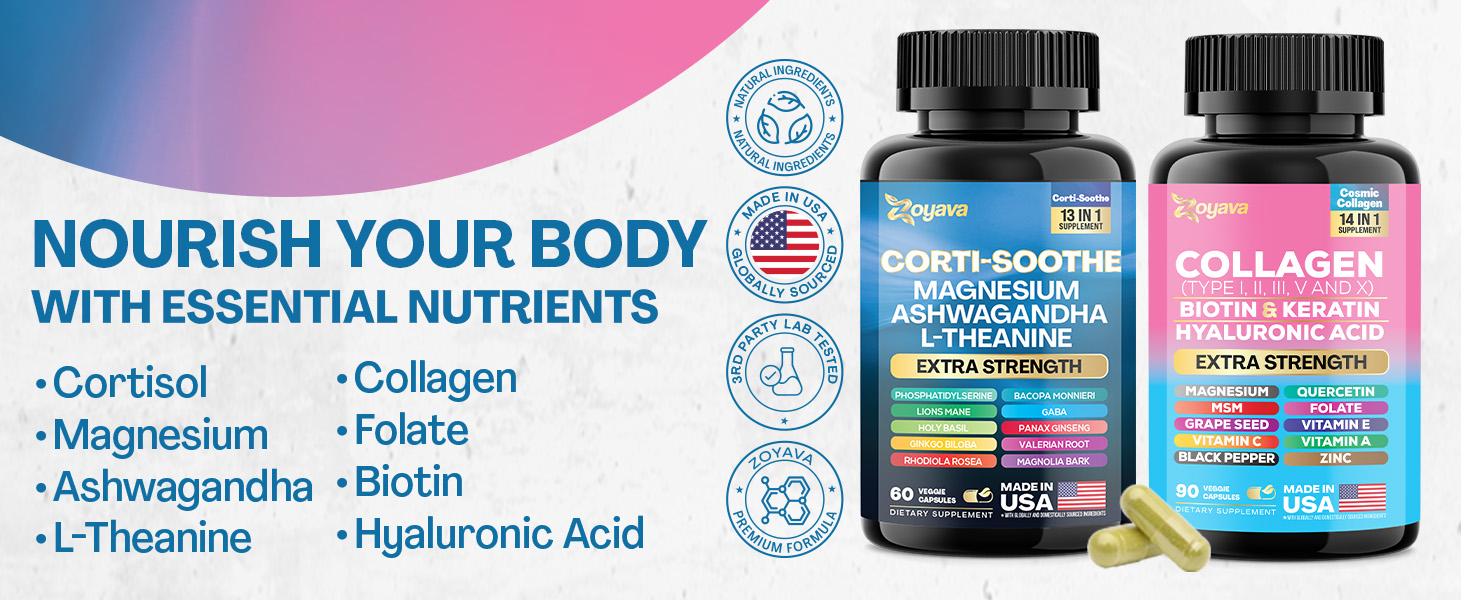 Shining Serenity Set - Zoyava Collagen & Cortisol All-in-One Dietary Supplement - Multivitamin Combo for Fitness & Healthcare with Extra Strength Ingredients - Made in USA