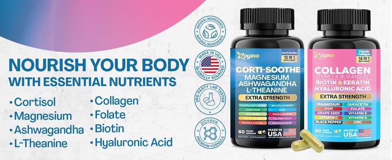 Shining Serenity Set - Zoyava Collagen & Cortisol All-in-One Dietary Supplement - Multivitamin Combo for Fitness & Healthcare with Extra Strength Ingredients - Made in USA