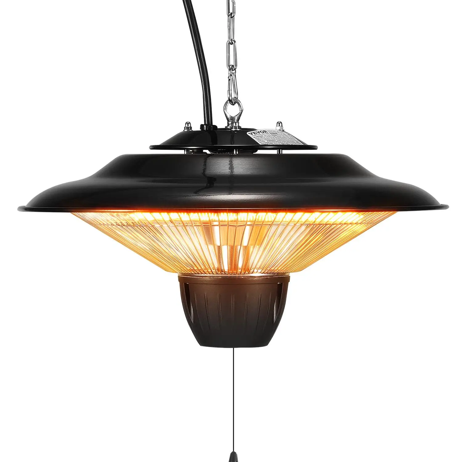 VEVOR Hanging Electric Patio Heater, 1500W Infrared Quickheat Unit with Instant Heating, 23.6in Convenient Pull Cord (Pullcord On/Off), Adjustable Chain, Even Heat Coverage, IP34 Waterproof Dustproof Rust-Proof, for Home Exterior
