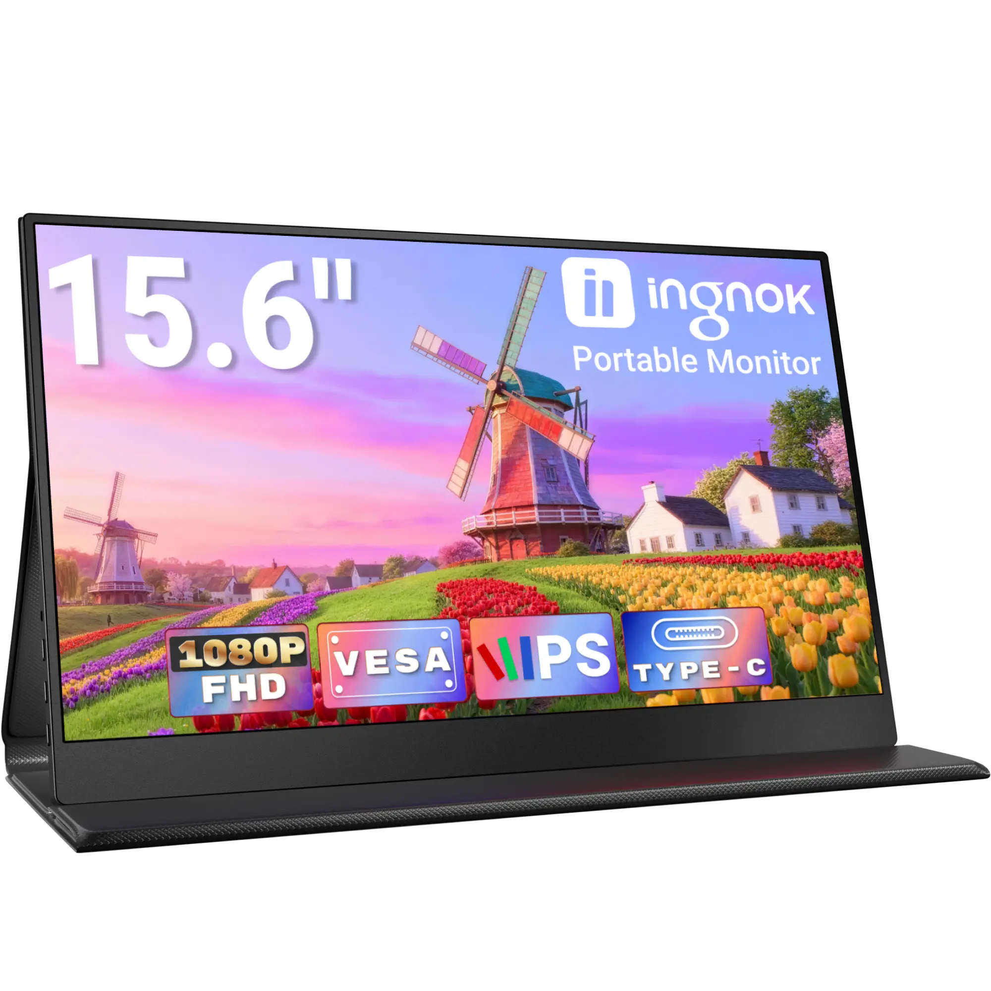 Ingnok 15.6" Portable Monitor - FHD 1080P USB-C HDMI Laptop Screen Extender with Smart Cover & Speakers, Ultra Slim Travel Display for Mac PC PS5