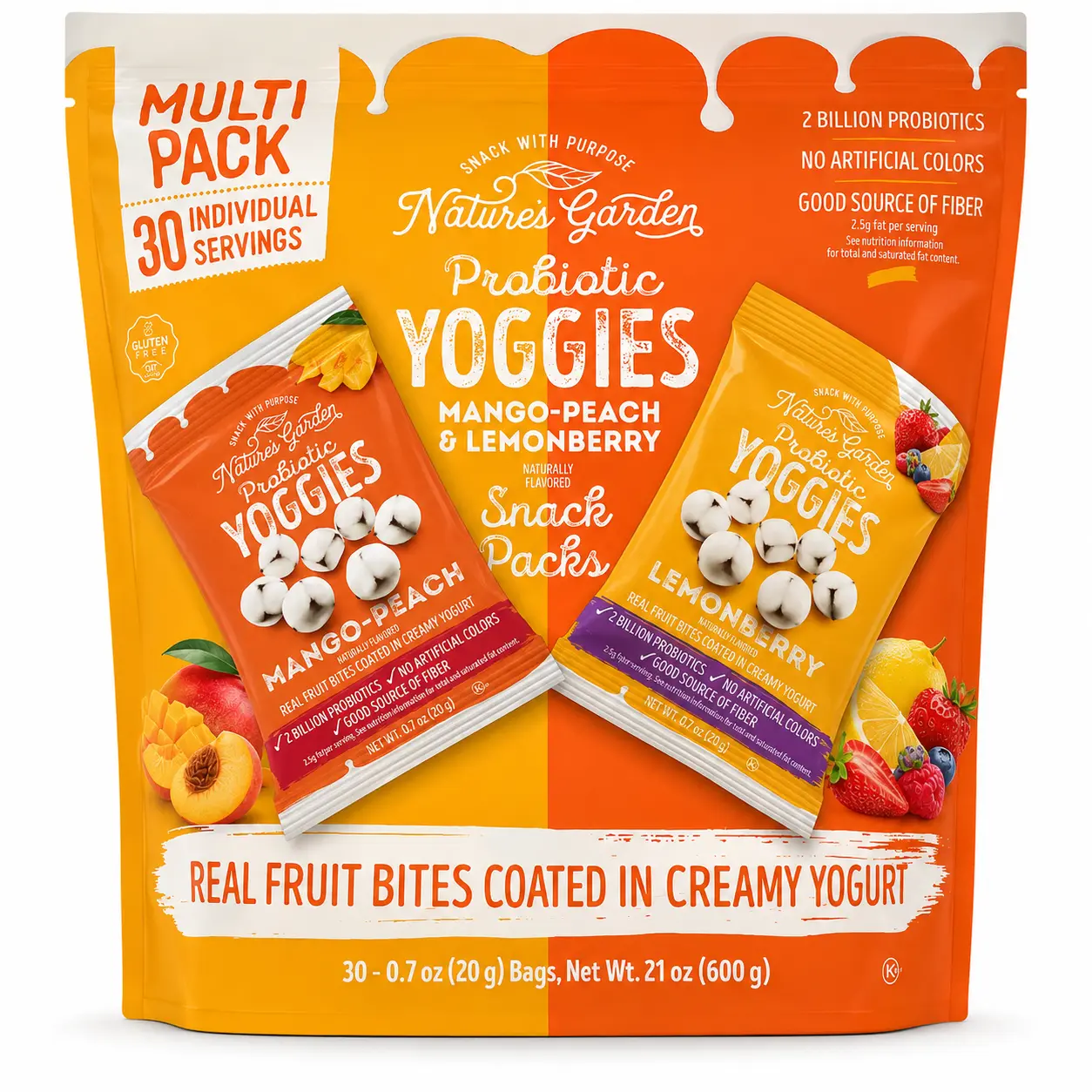 Nature's Garden Yoggies Probiotic Yogurt Bites Snack Pack - Fruity, Real Fruit, Individually Wrapped Multiple-Flavor Mini Bites with Peach, Blueberry Puree, Palm Kernel Oil, Probiotics, Ambient, 30 Packs, Certified Organic, Lemonberry Zing