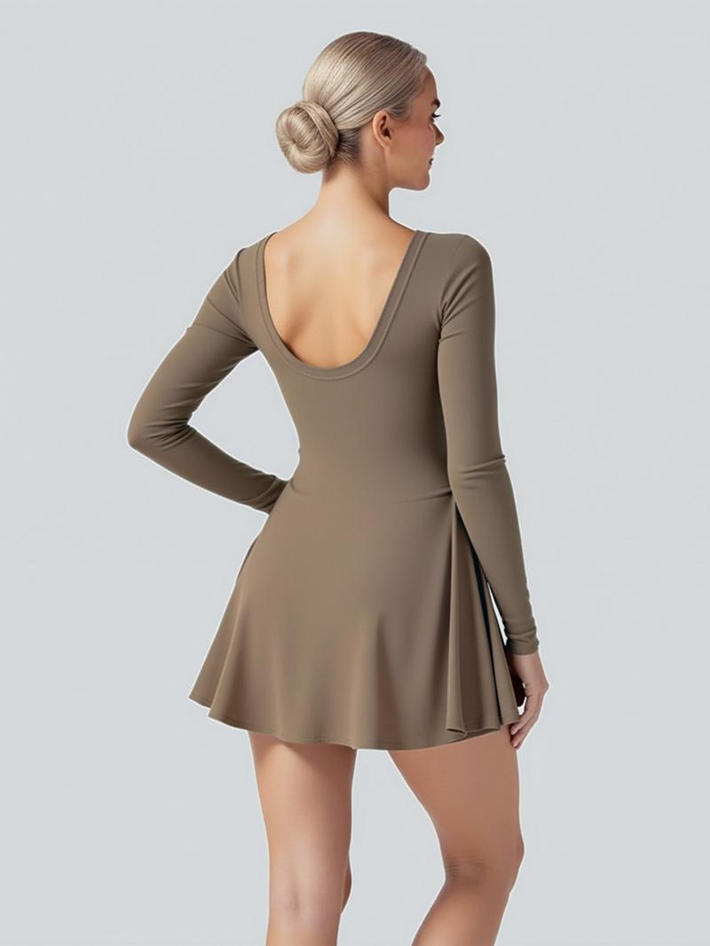 Women's Long Sleeve Solid Color Tennis Dress with Side Slit & Built-in Shorts for Yoga Golf & Athletic Activities High Stretch Nylon Sports Dress Crew Neck Spring Summer