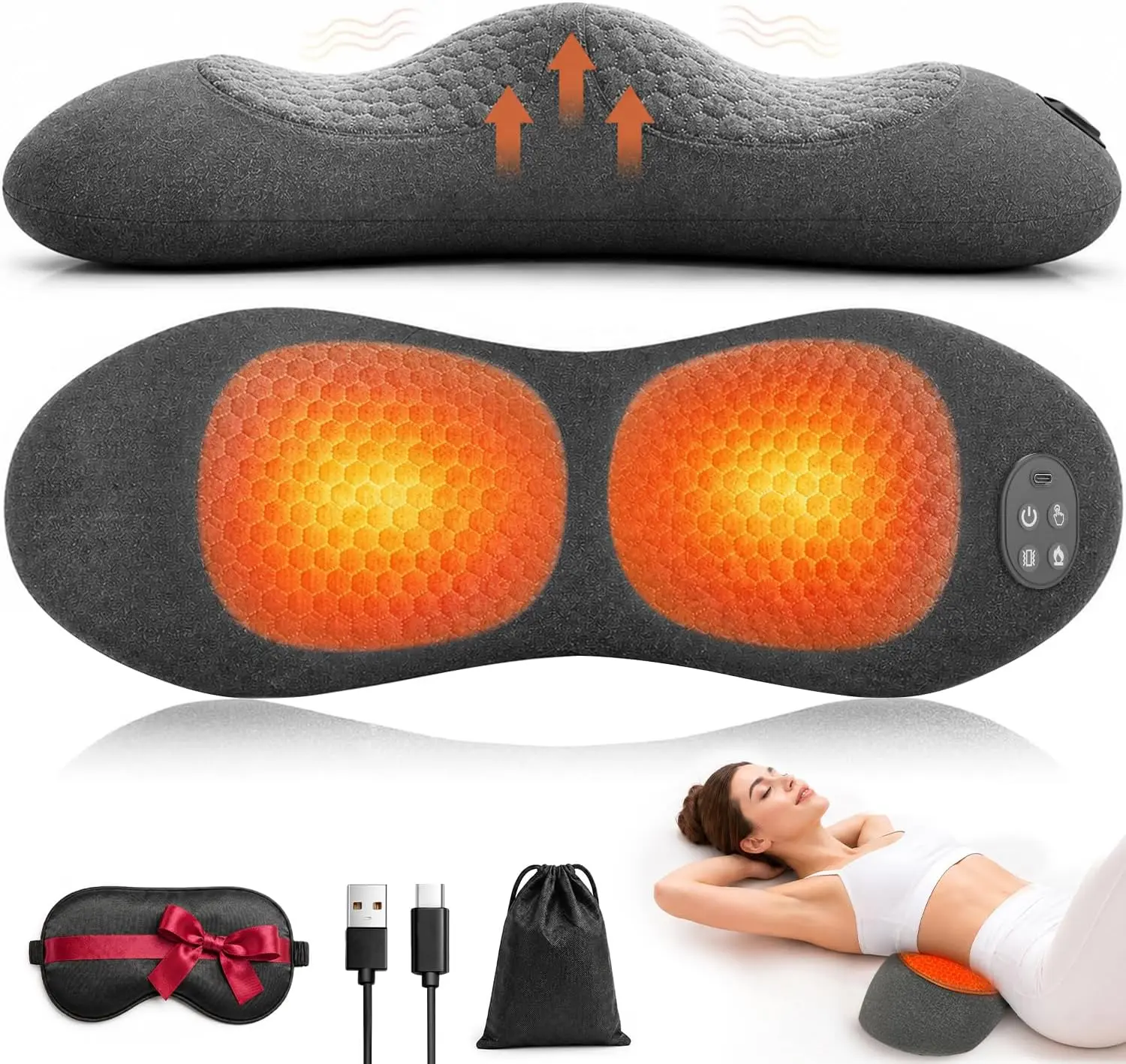 Cordless Heated Back Massager Pillow for Lumbar Support and Pain Relief, Rechargeable Therapy Device with Airbag Stretching, Vibration Massage & 3 Heat Levels, Removable, Relaxing, Adjustable, Single, Father's Day, Memory Foam