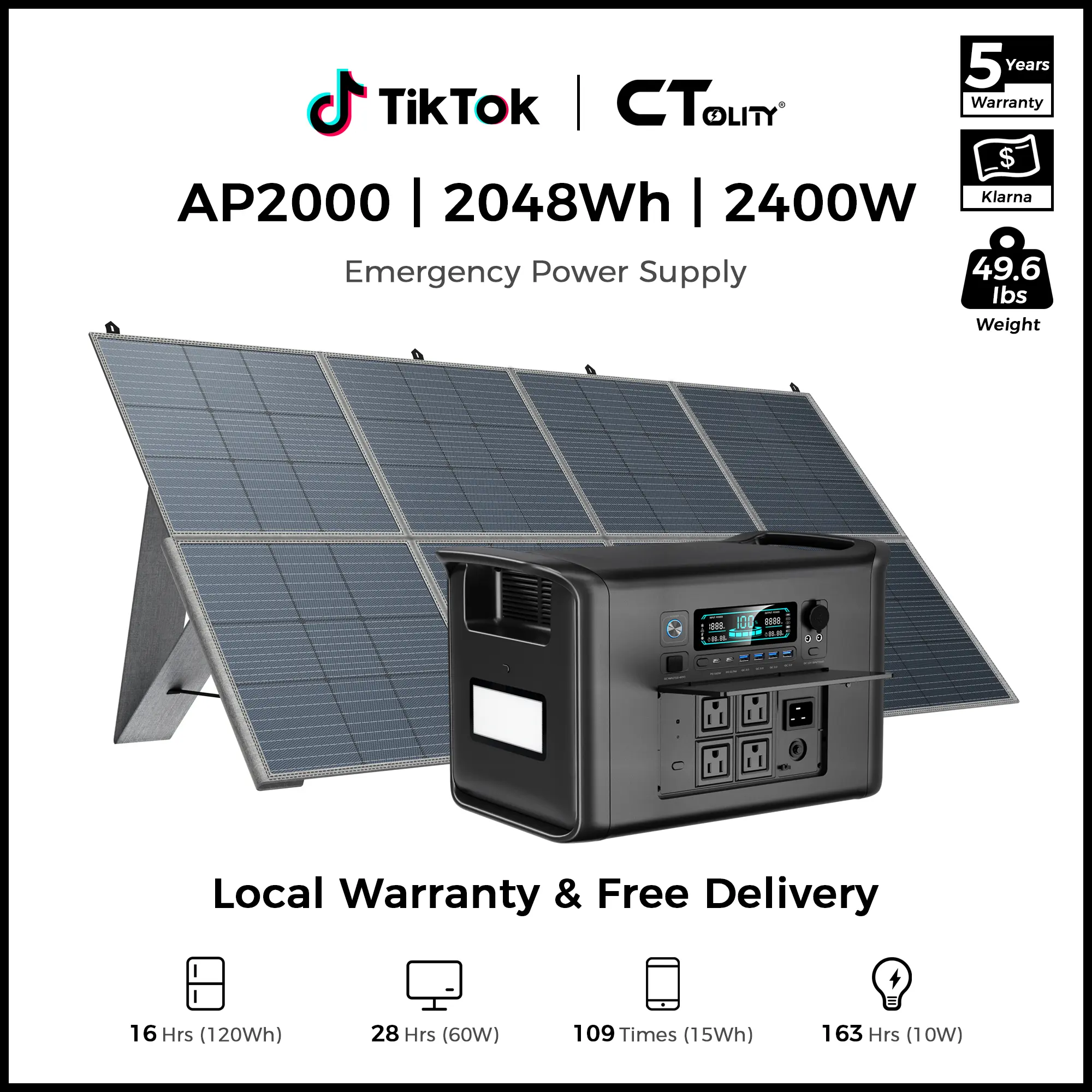 [SohoChic] CTOLITY AP2000 2400W Solar Generator Kit with 400W Solar Panel, 2048Wh LiFePO4 Portable Power Station, 1000W Fast Charging, UPS Home Backup Battery for Home Backup, RV, Camping Emergency, [Power Outage Survival], TiktokShopStockup