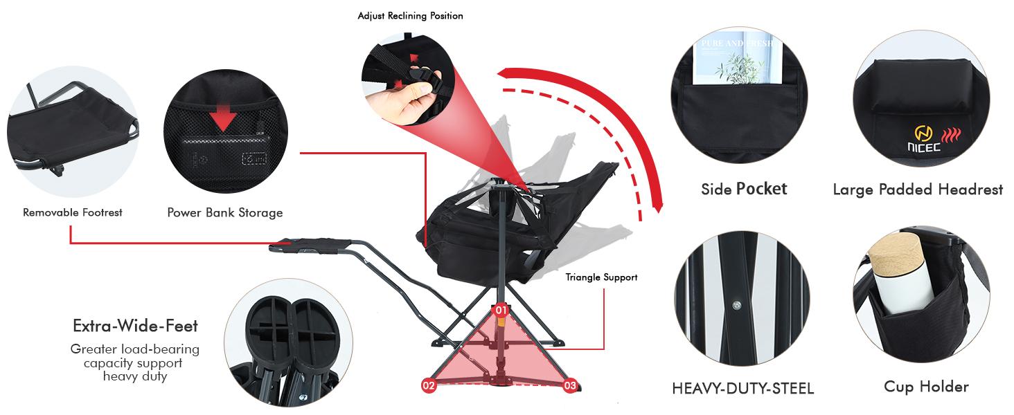 Heated Hammock Camping Chair with Footrest, Heated Camping Chair with Battery, Rocking Swing Chairs, Hammock Chairs with Stand, Heavy Duty (1, Heat Black W/Footrest)