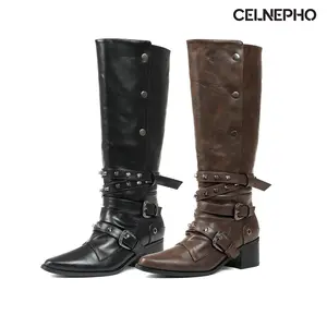 CELNEPHO Knee High Boots for Women Pointed Toe Knight Boot Chunky Block Heel Fashion Boot Classic Buckle Snap off Boots Easy Pull on Rivet Design Cowboy Boot Outdoor Events Western Party Cosplay Wear Gift Casual Dress Shoes