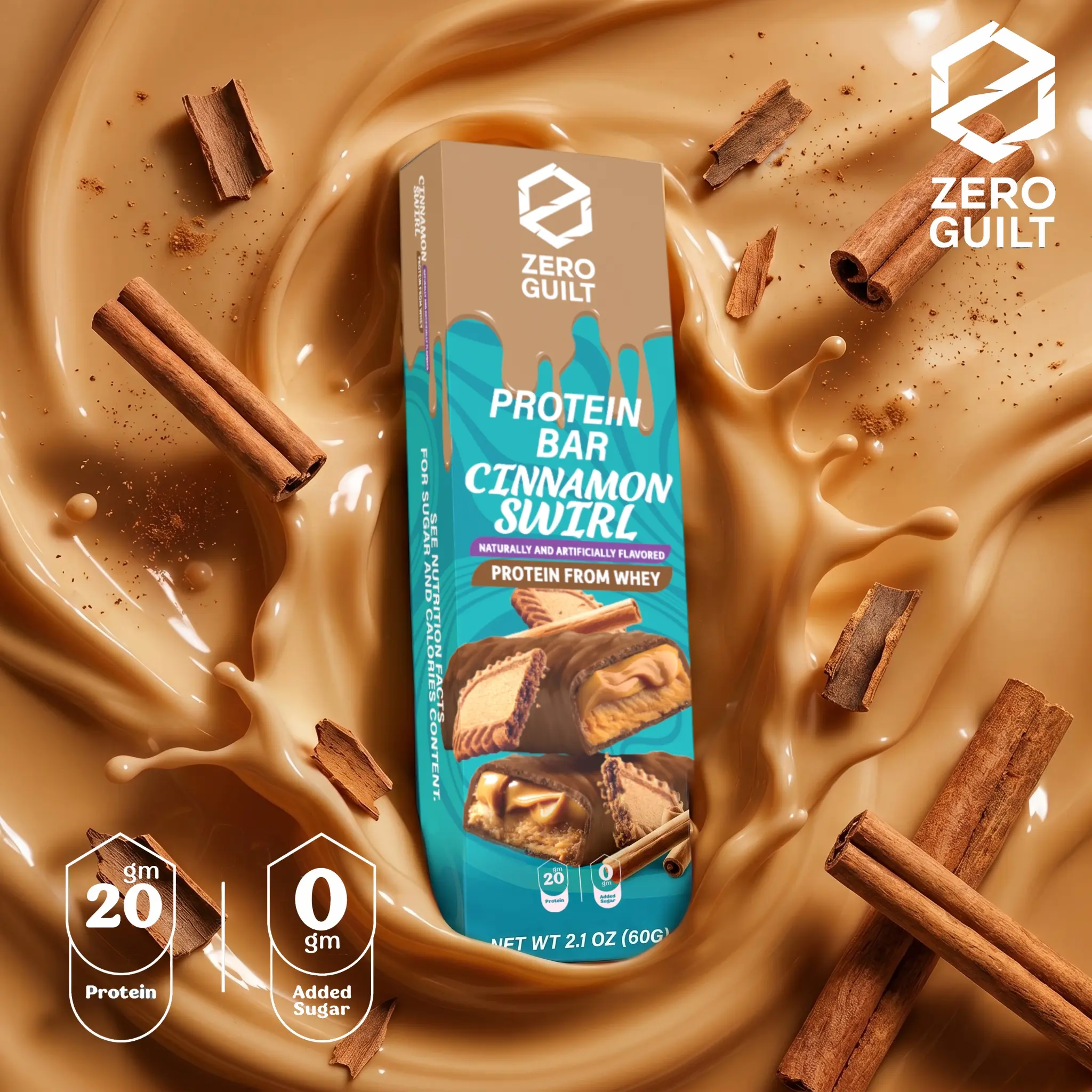 ZERO GUILT Cinnamon Swirl 20G Protein Bar, ZERO Added Sugar, 60g Net Weight - 12 Pack, Snacks, Ready To Eat Snacks