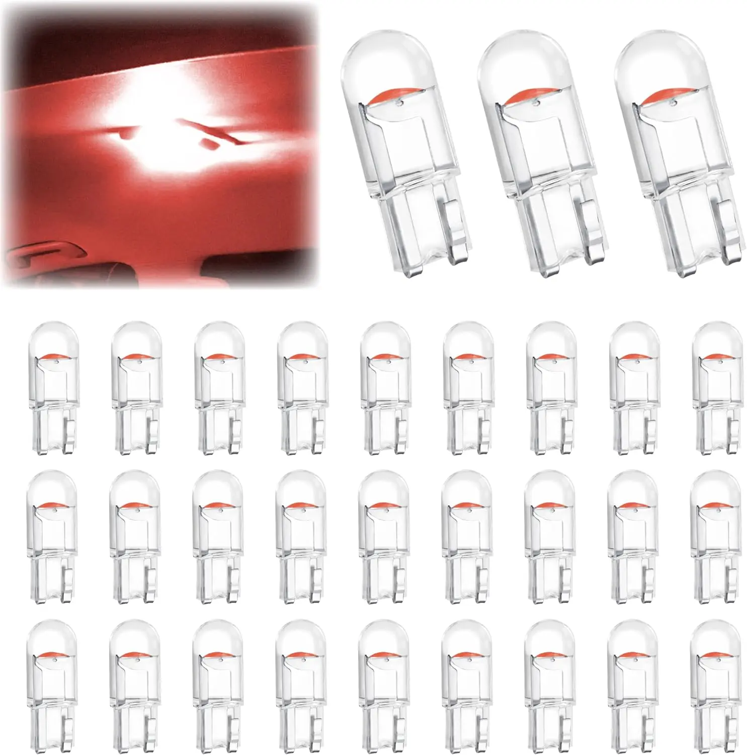 30 PCS Car 194 LED Bulbs, 168 2825 W5W T10 Wedge COB LED Replacement Bulb, 6000K License Plate Light Bulb, Error Free Interior Bulb for Dashboard Light, Dome Lights,License Plate Lights (Red)