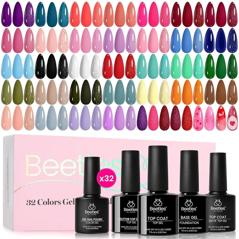 Beetles 20-36Pcs Gel Polish Nail Art Kit, Soak Off UV Gel Manicure Set with Base Coat, Matte & Shiny Top Coats, Nude Flower Gel Polish Colors, Rhinestones, Silicone Tool and DIY Home Salon Nail Art Accessories