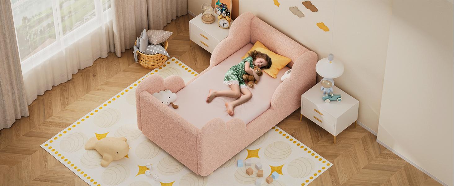 Lilypelle Toddler Bed Frame, Toddler Floor Bed Frame with Extra Safty Broad, Standard Crib Size Toddler Bed, Certified Fabric Toddler Beds Frame, Mattress Not Included