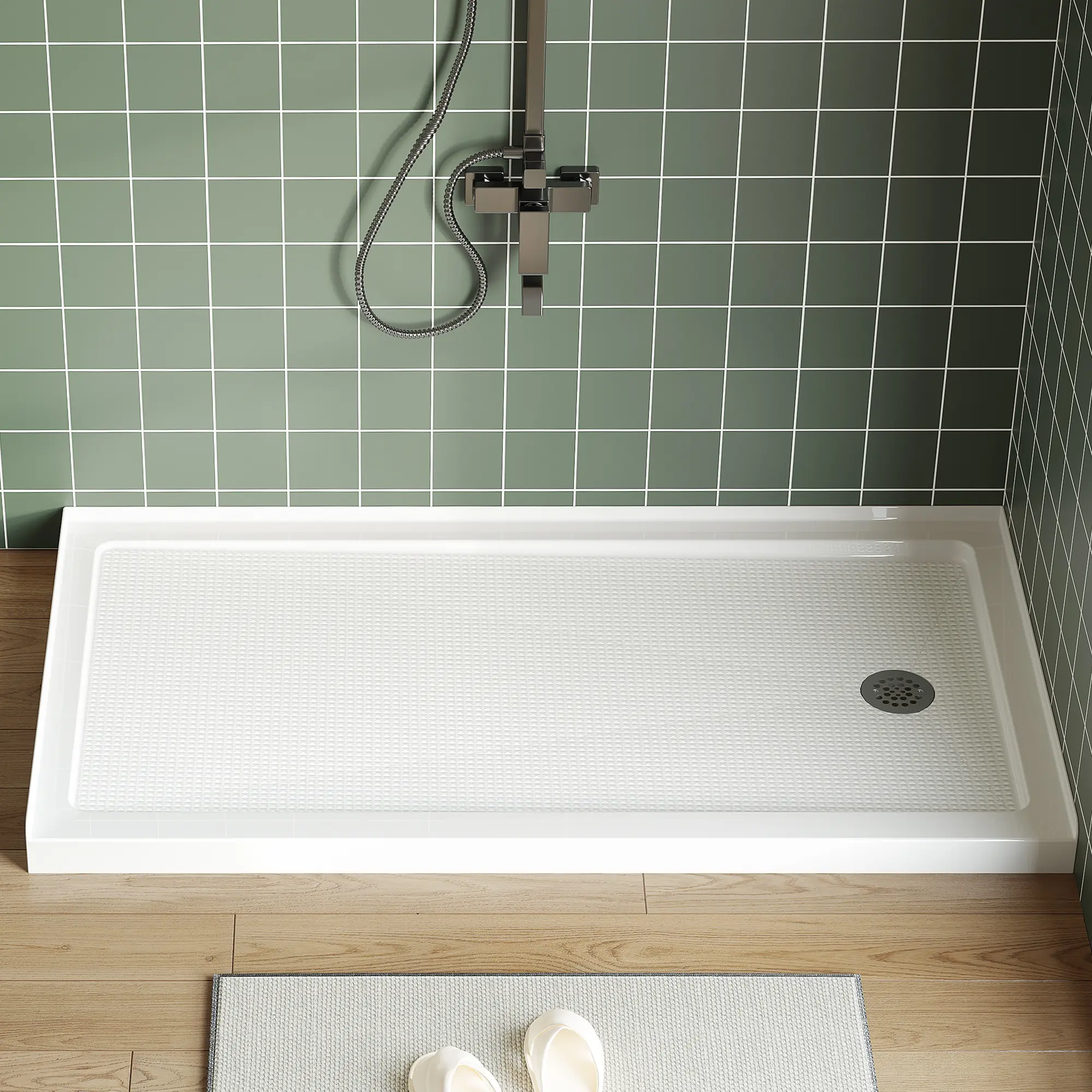 60" x 32" Shower Base, Shower Pan with Slip Resistant Textured Surface, CUPC, CSA Certified Acrylic and Fiberglass Shower Floor Base, Center Drain and Removable Stainless Cover (Right Drain,white)