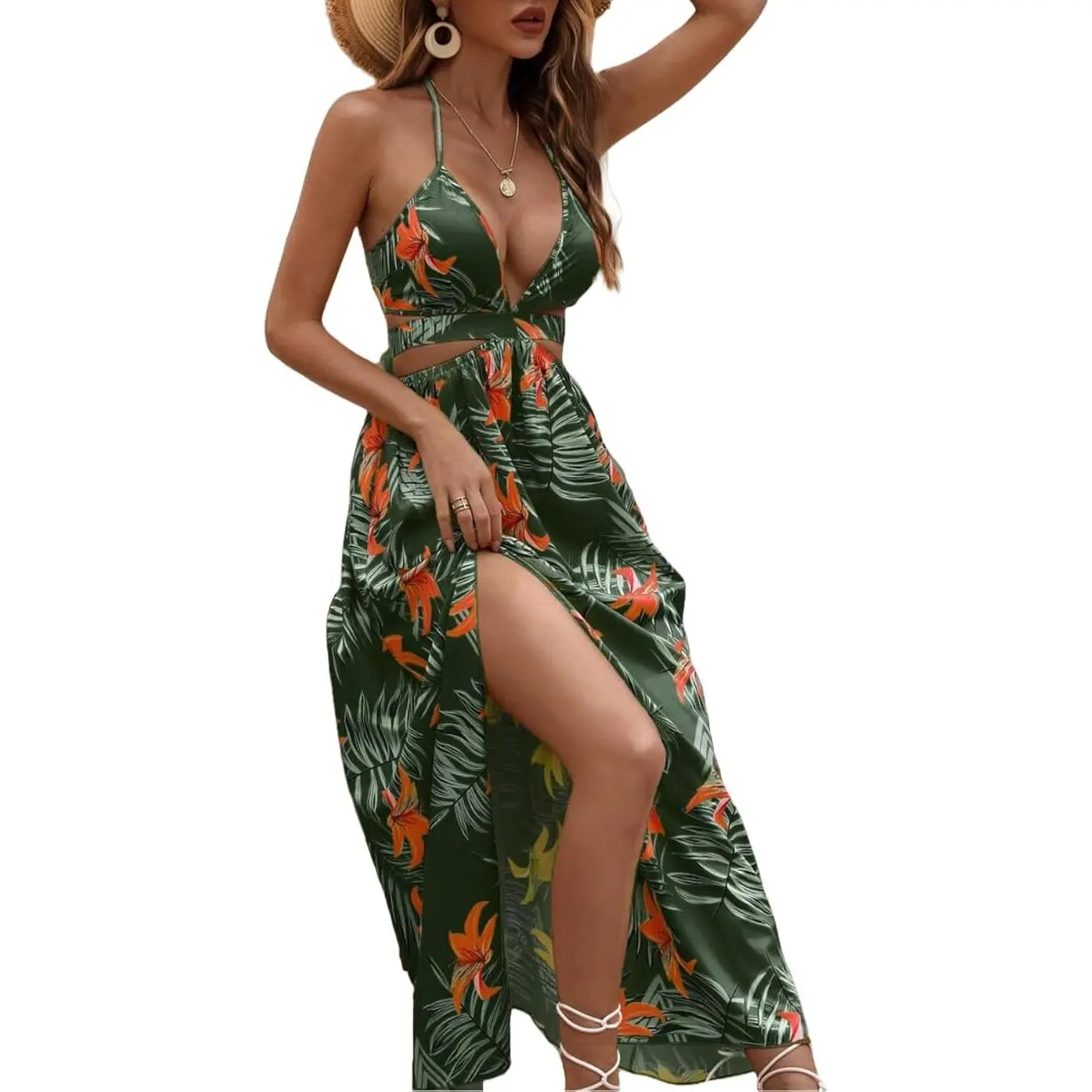 Women's Casual Bohemian Maxi Dress in Tropical Print Poly Blend, Halter Neck A-Line Gown with Backless Knot and Thigh Split for Cruise OOTD, Sleeveless, Elastane