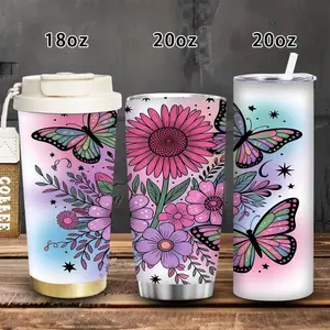 1pc 18oz/20oz Pastel Floral Butterfly Tumbler with lid and straw, winter insulated travel mug, gift for women and men, ideal for Valentine’s Day, Easter, birthday gifts, iced/hot coffee cup