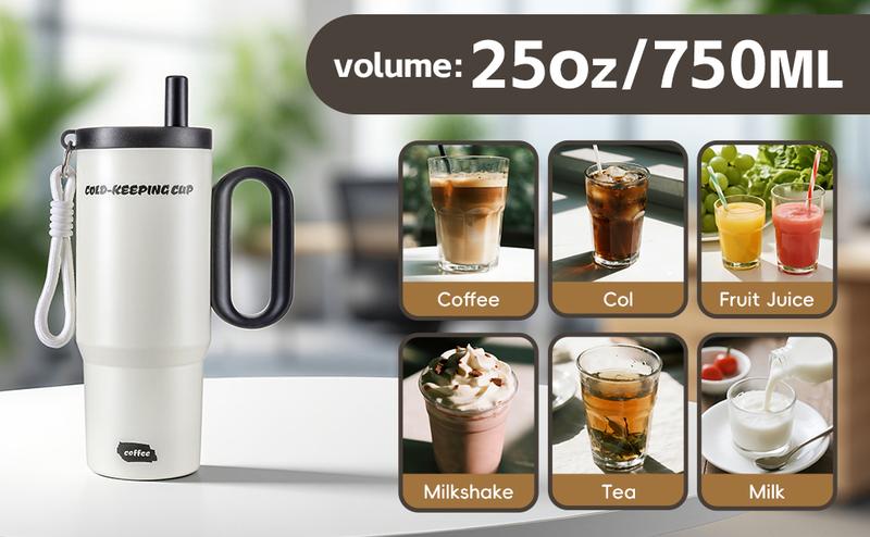 25oz Stainless Steel Tumbler with Handle and Straw Lid 750ml Leak-Proof Travel Mug Fits in Car Cup Holder Reusable Insulated Water Bottle for Women Men and Teens Perfect Gift Drinkware Flask