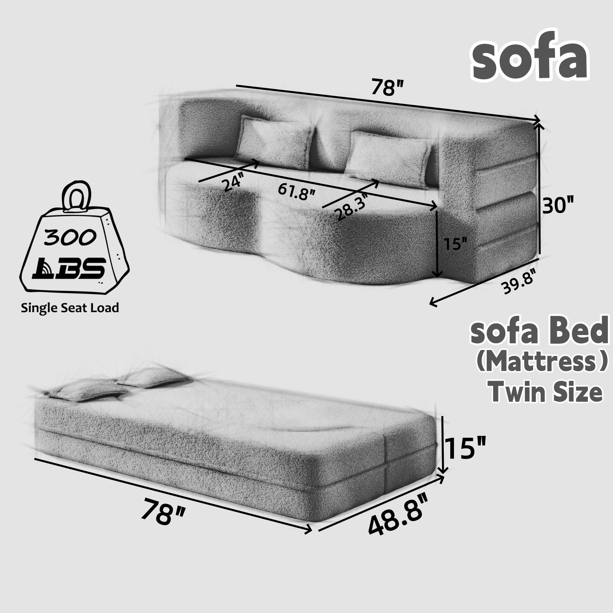 Eyisean 78in Corduroy Upholstered Padded Seat Sleeper Sofa Bed - Modern 2-in-1 Full-Size Foldable Durable Polyurethane Foam Mattress with 2 Pillows, Boneless Couch for Living Room/Dorms, 78"l x 54"w x 30"h, No Assembly Required for Everyday Relaxation