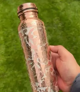Mexican Copper Water Bottle 1 L / 33 oz.- Silver Flower