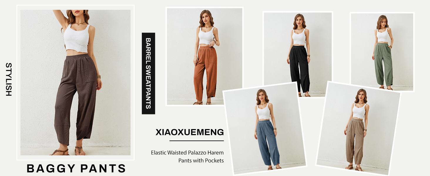 Mundoven Womens Baggy Wide Leg Pants Casual Elastic Waisted Palazzo Harem Pants with Pockets