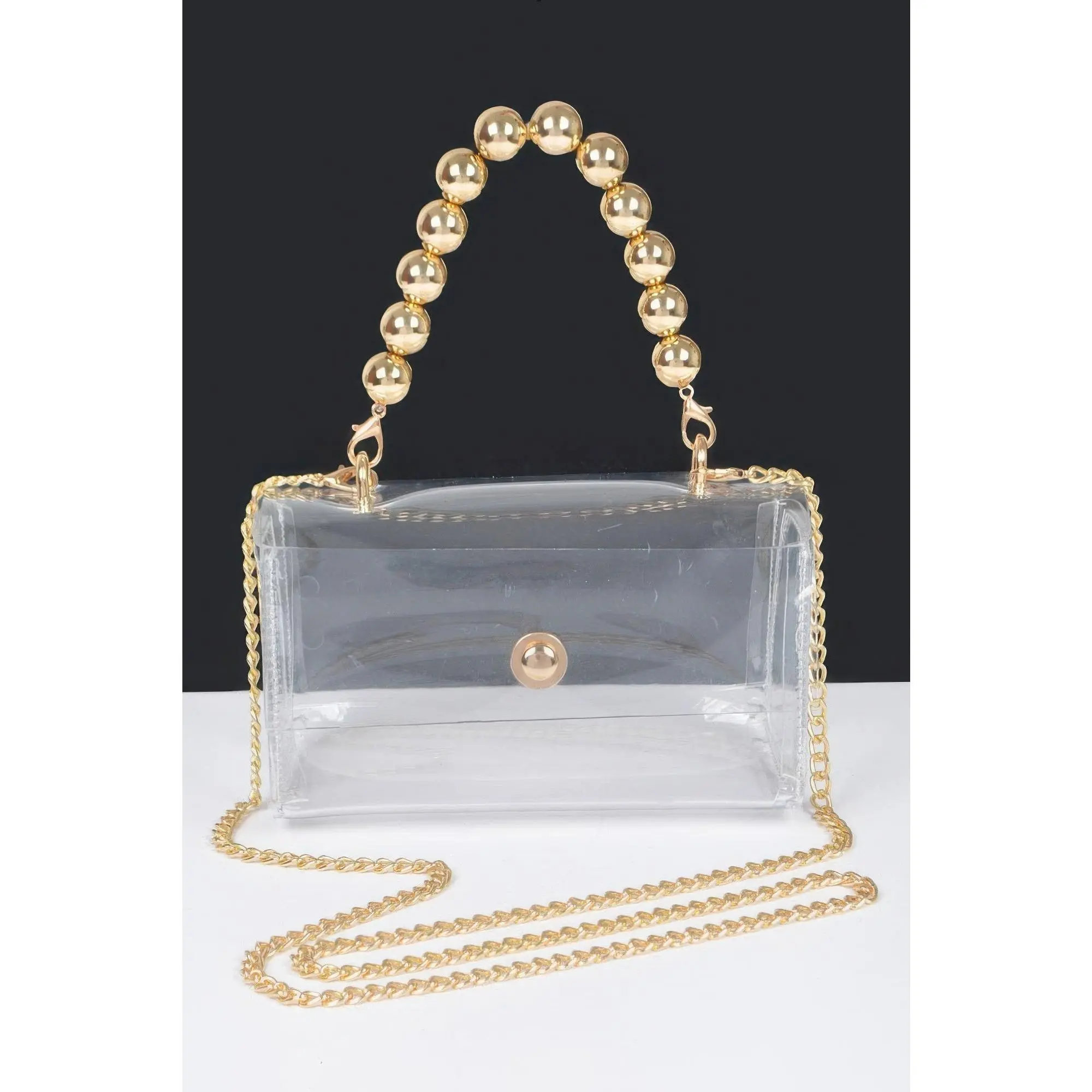 Women's Transparent CCB Handle Flap Clutch - Trendy Minimalist Purse, Polyurethane Modern Metallic Lightweight Bag with Chic Elegant Glossy Finish for Evening Events, Transparent Body