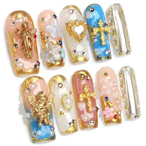PG32 Baroque Crystal Bloom Press On Nails — Luxury Gold-Edged 3D Flowers, Handmade Premium Acrylic False Nails, Reusable Glam Nail Tips