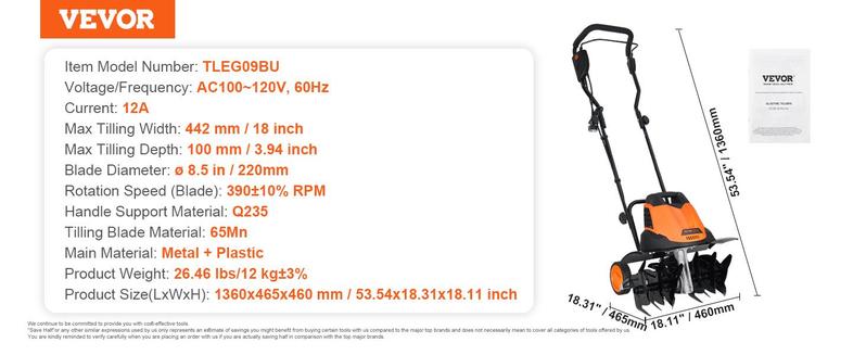 VEVOR 10/12 Amp Electric Tiller,  Corded Electric Tiller/Cultivator, Steel Mn Tines, Rototiller for Garden Lawn Soil Digging