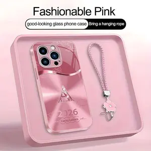 Suitable for [iPhone 14 Pro Max] high-end women's phone case🤩，a free four-leaf clover lanyard is included, with 26 letters of the alphabet to choose from，auspicious cloud patterns bring you good luck YM99