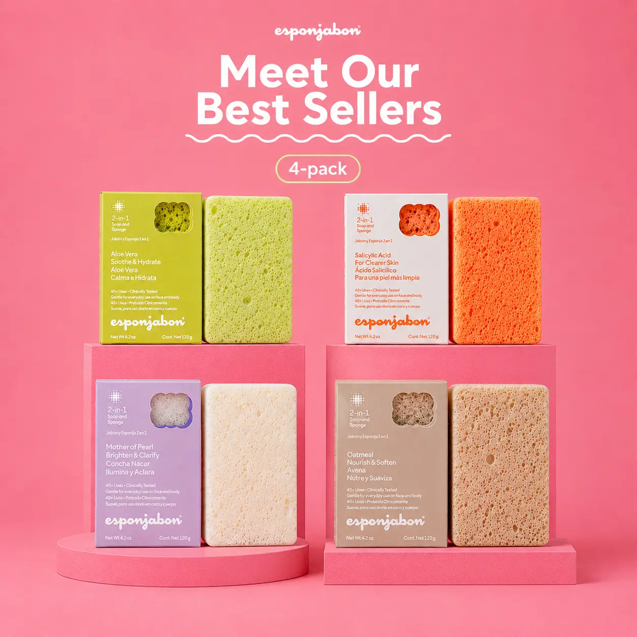 Esponjabon Best Sellers 4-pack Bundle - Mother of Pearl, Salicylic Acid, Aloe Vera & Oatmeal Soap Sponges