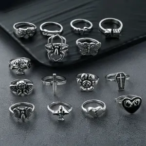12pcs Vintage Silver Knuckle Rings Set for Women Men, Grunge Gothic Rings Chunky Aesthetic Snake Stackable Adjustable Punk Bulky Finger Alt Fairy Skull Frog Heart Star Flower Midi Ring Pack