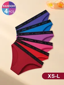 Hotcom Lady's 4Pcs Basic Cute Letter Drop Waist Panties, Soft Comfortable Breathable Contrast Binding Knickers for Daily Wear Underwear, All Seasons (XS-L) summerwins,summerwins
