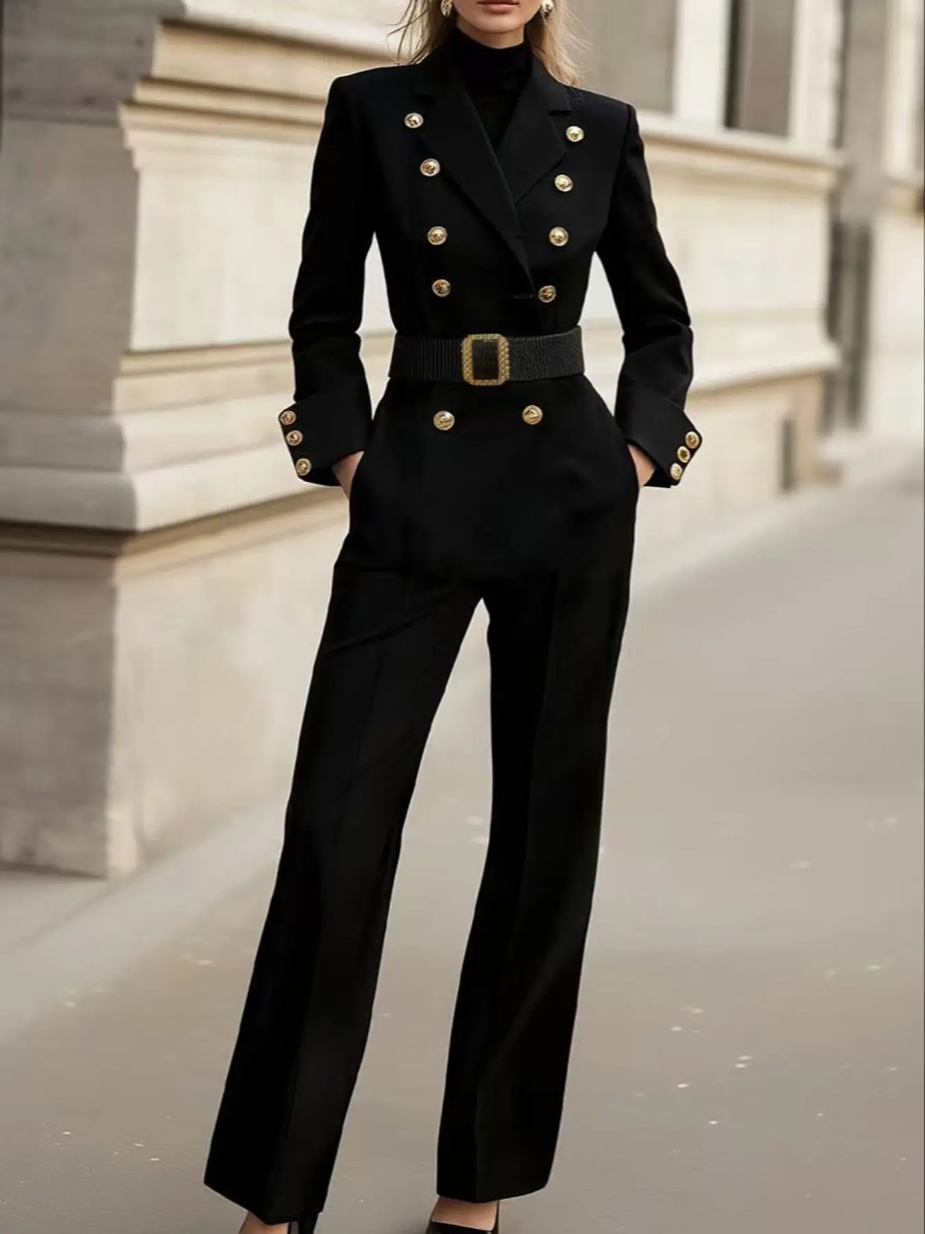 Elegant Women's Button Front Fitted Jumpsuit, Detachable Elastic Waistband, Belt, Fall Winter Everyday Fashion, Long Sleeve Pocket Design, Knit Comfortable Fabric, Chic Womenswear