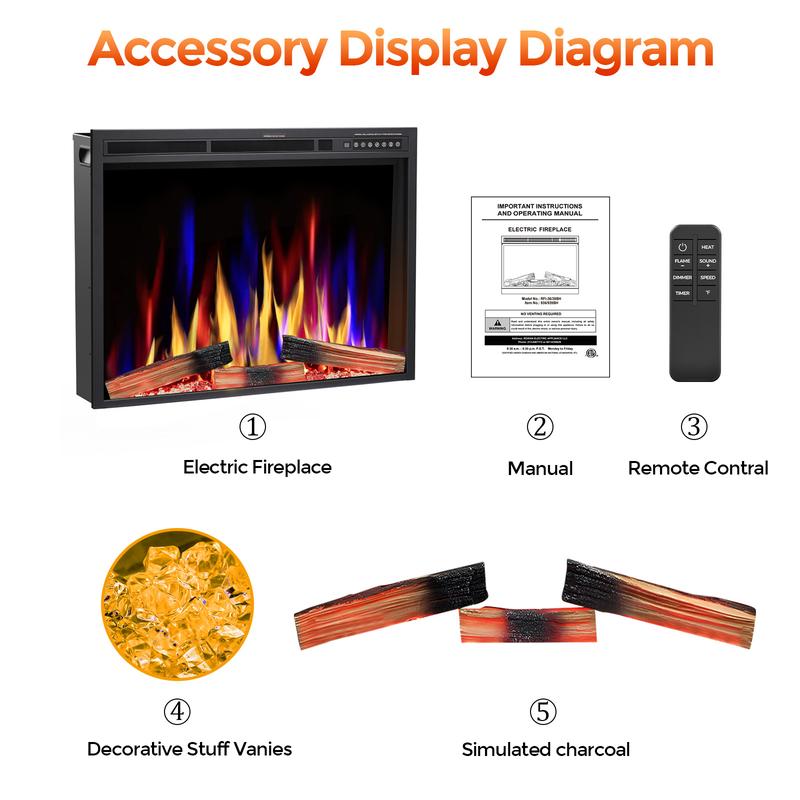 R.W.FLAME 36"&39'' Electric Fireplace Insert, Adjustable 5 Flame Colors, 12 Log Colors, 5 Flame Speeds and Brightness, Remote Control, Timer, Adjustable Temperature from 50°F to 99°F, 750W/1500W