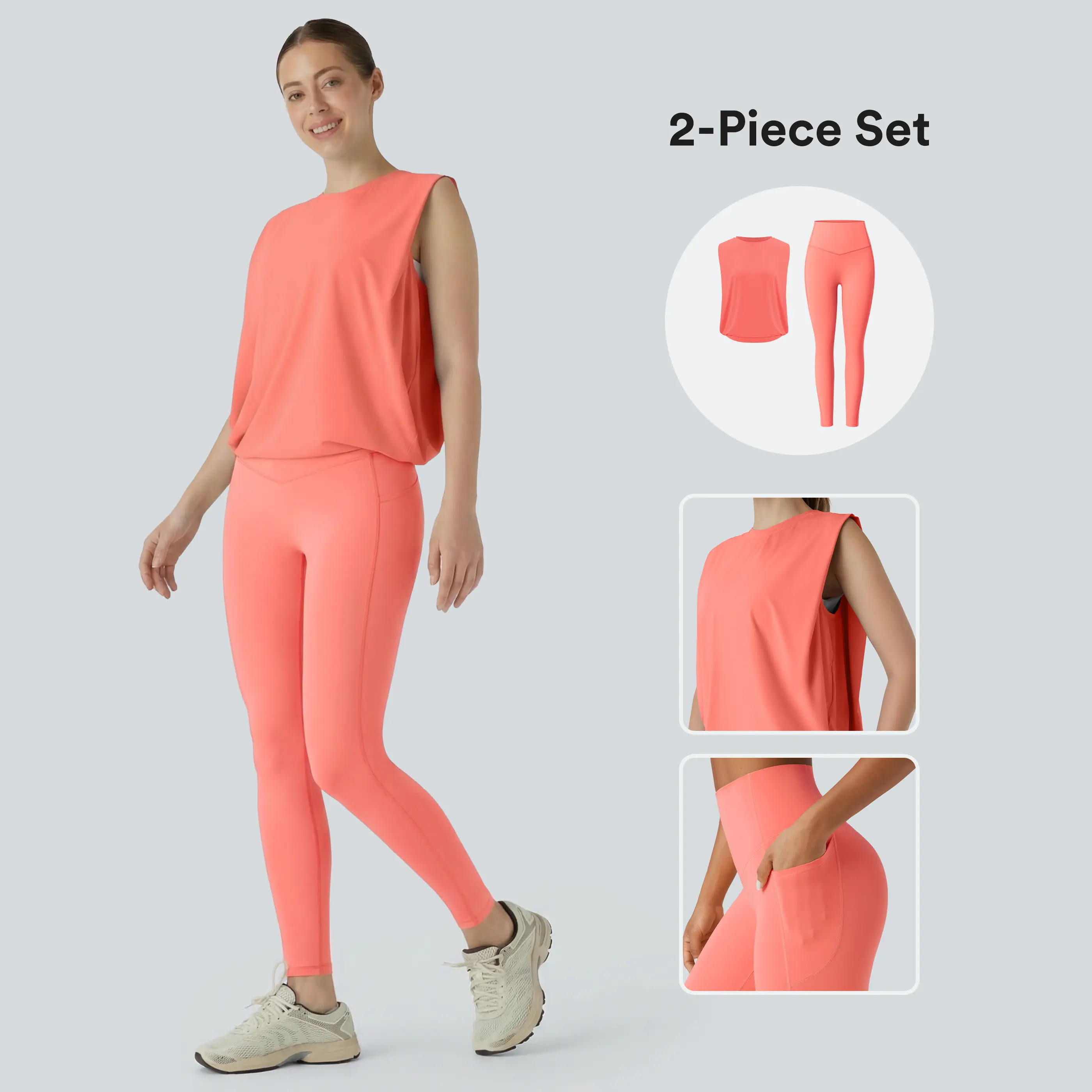 Halara 2 Piece Round Neck Ruched InstantCool Yoga Tank Top-UPF50+&UltraSculpt High Waisted Tummy Control Pocket Shaping Training Leggings Set