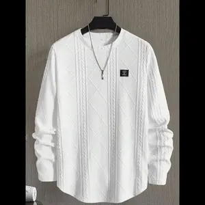 Men's Regular Fit Patched Detail Textured Knit Tops, Knitwear Sweatshirt, Nit Casual Long Sleeve Round Neck T-shirt for All Seasons, T Shirts for Men, Fashion Men's Knit Top for Daily Wear, T Shirts for Men, Men's T Shirts