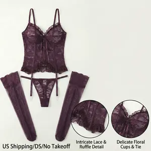 Luxury Lace Trim Bustier Babydoll Set for Women, Sexy V-Neck Spaghetti Strap Sleepwear with Ruffle Hem & Detachable Garter Straps, Soft Breathable Fabric, Elegant Lingerie for Loungewear, Bedtime & Romantic Occasions, Ideal Gift for Her