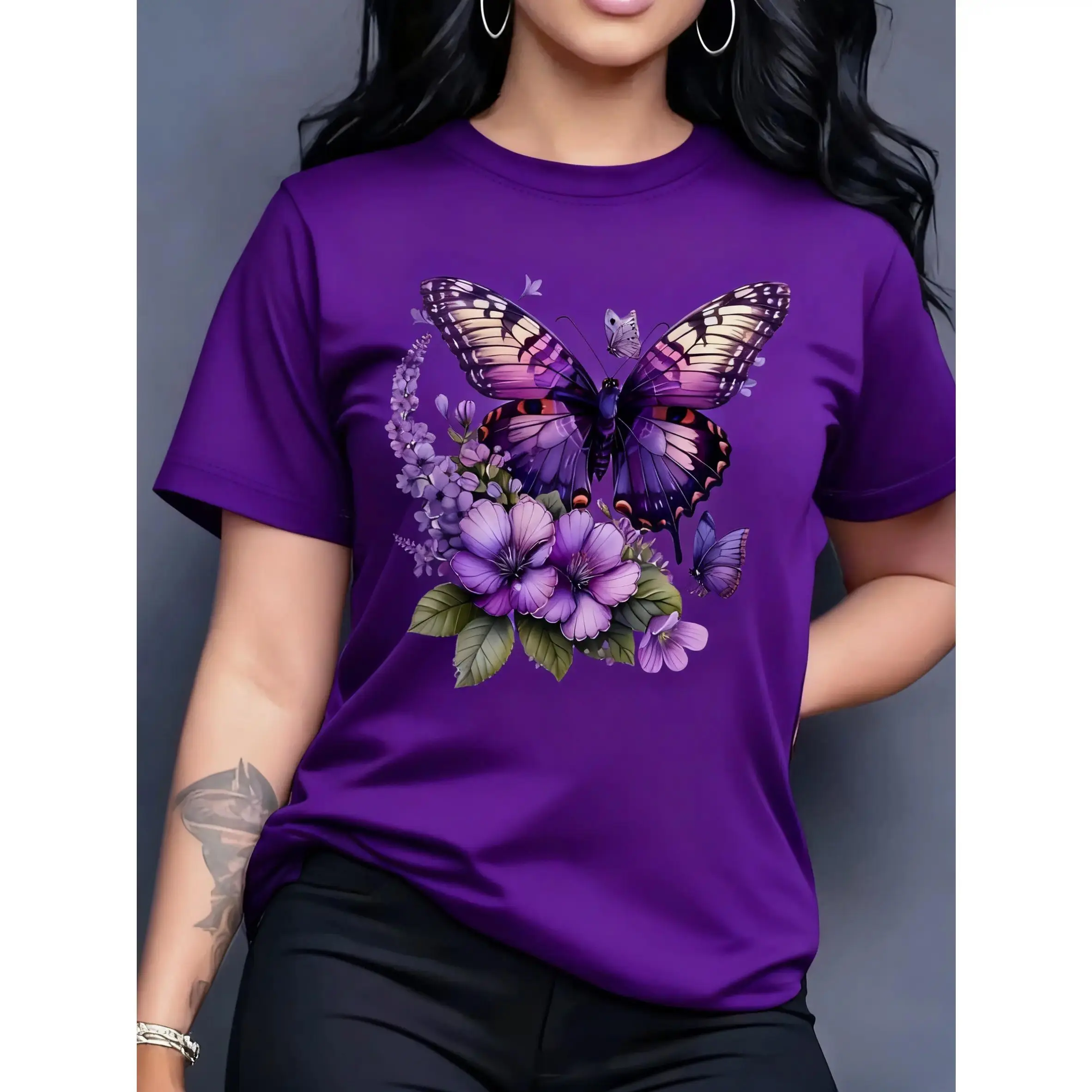 Men's Crew Neck 100% Cotton Short-Sleeve Printed Tshirt - Unisex Classic Fit, Butterfly & Floral/Sunflower Prints, Seamless Sides, Streetwear, Casual Wear, Cold Wash, True-To-Size