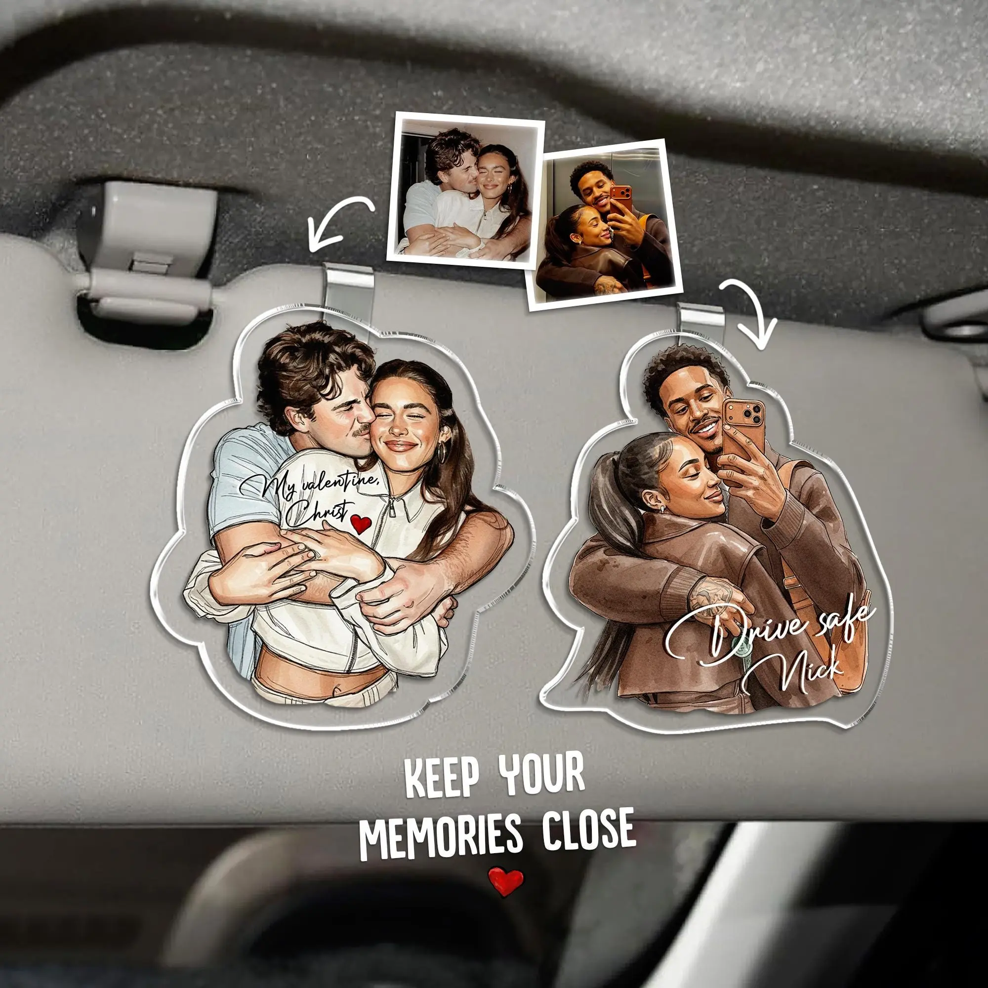 Custom Valentines Couple Portrait Car Charm, Personalised Watercolour Couple Car Visor Clip, Drive Safe I Love You Gifts For Boyfriend