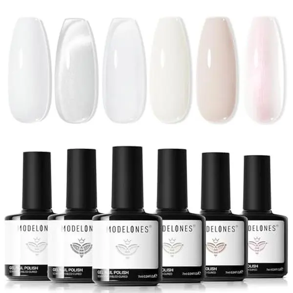 modelones White Gel Nail , 6 Colors Milky White Cat Eye Gel Set with Magnet Nude Jelly Soak Off Nail Kit Manicure DIY Nail Art Salon Home Gift