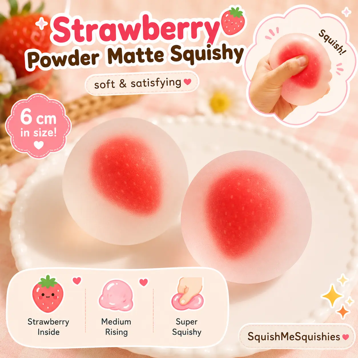 6cm Strawberry Powder Matte Squishy – Medium Rising Sensory Stress Relief Toy | Strawberry Inside